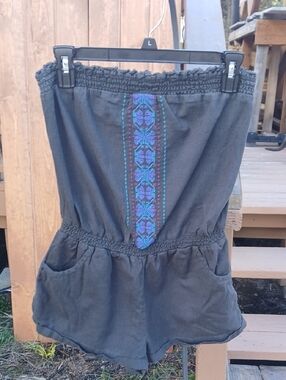 American Eagle Outfitters Charcoal Smocked Strapless Top with Embroidered Trim